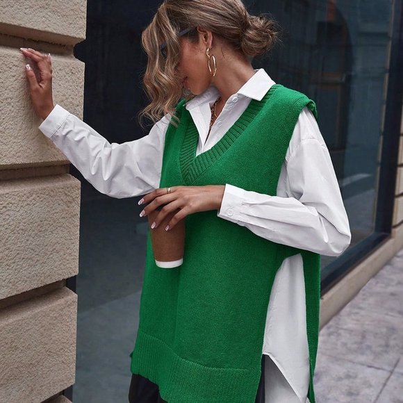 Casual Womens Split Side Sweater Vest Green - Picture 2 of 5